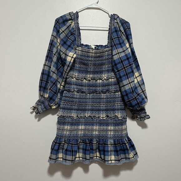 LoveShackFancy Stanley Smocked Plaid Dress in Blue Yellow Denim Skies Size Large - Picture 4 of 12